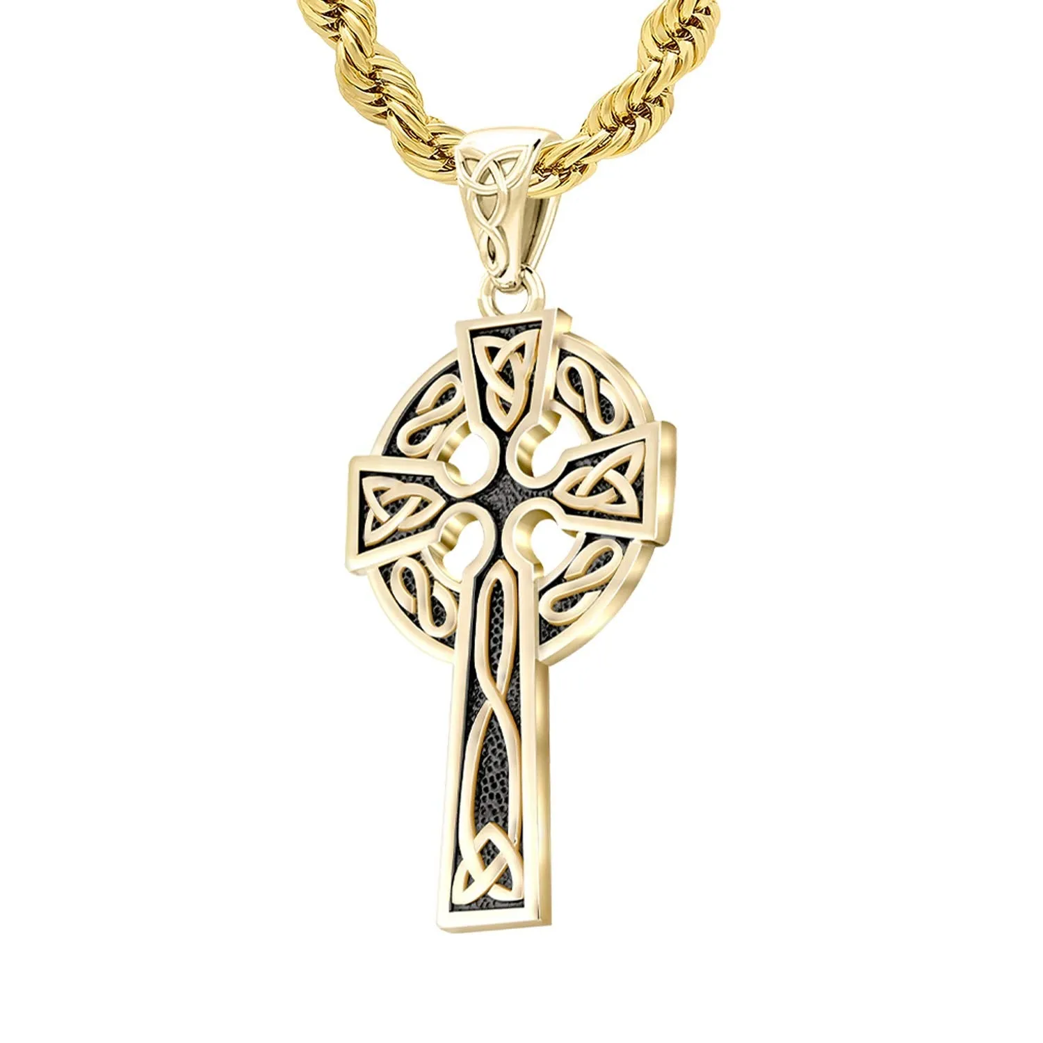 14k Yellow Gold 1.625in Irish Celtic Knot Cross Pendant Necklace, Antique Finish
