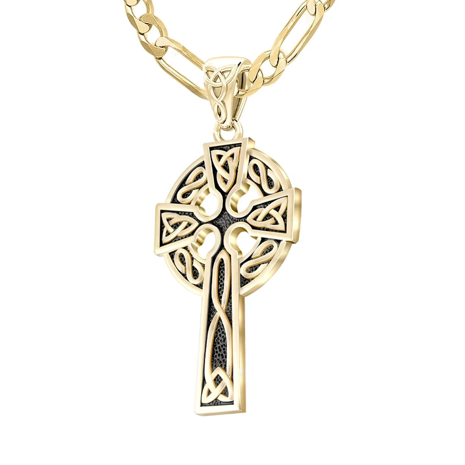 14k Yellow Gold 1.625in Irish Celtic Knot Cross Pendant Necklace, Antique Finish