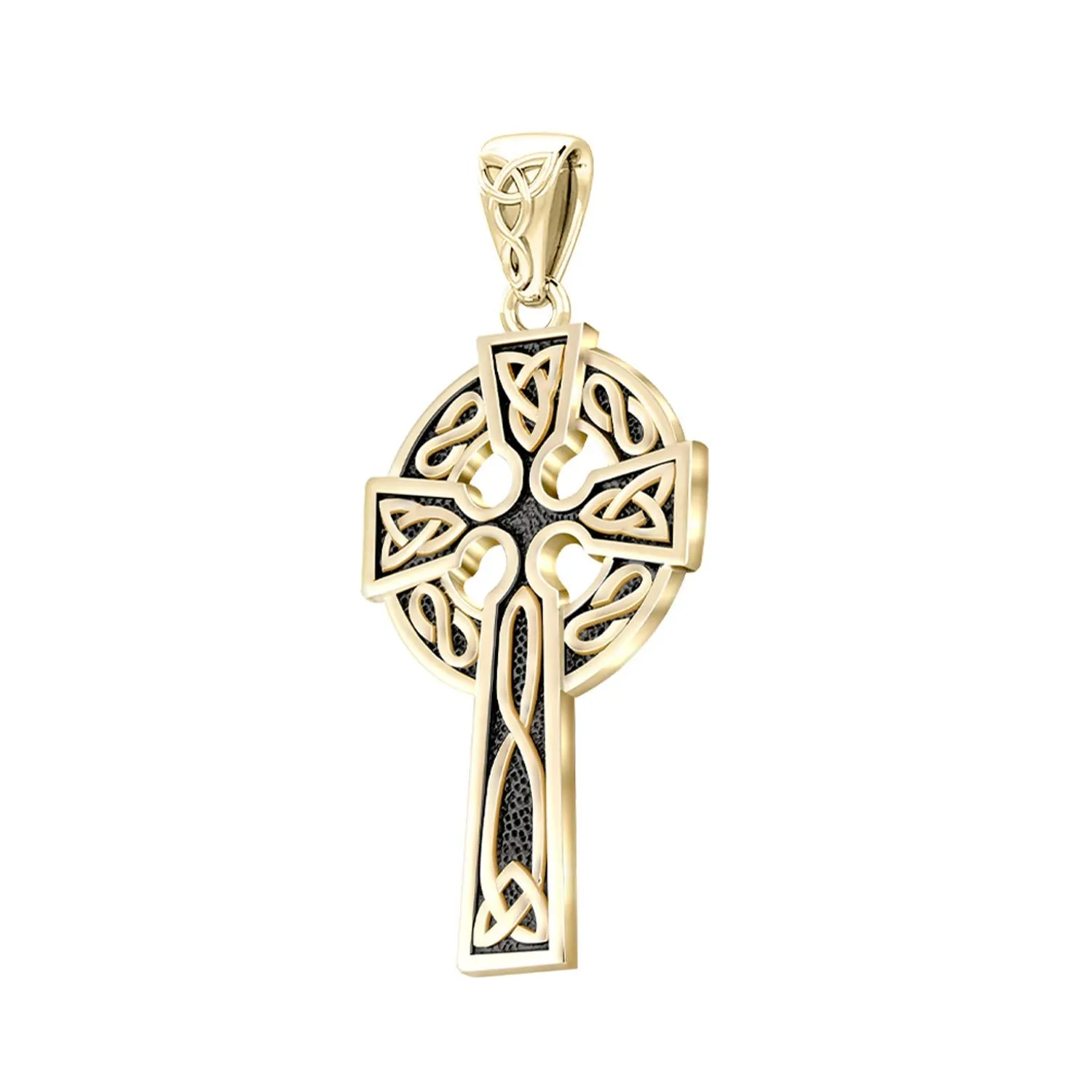 14k Yellow Gold 1.625in Irish Celtic Knot Cross Pendant Necklace, Antique Finish