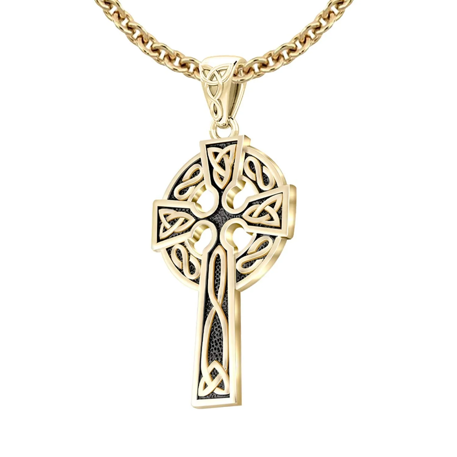 14k Yellow Gold 1.625in Irish Celtic Knot Cross Pendant Necklace, Antique Finish