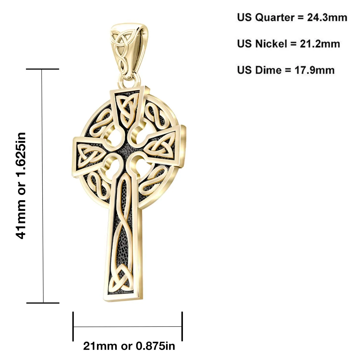 14k Yellow Gold 1.625in Irish Celtic Knot Cross Pendant Necklace, Antique Finish