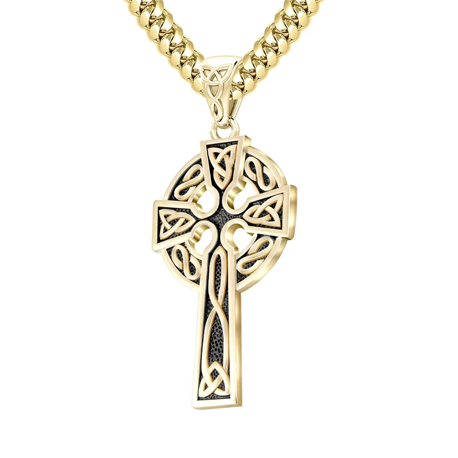 14k Yellow Gold 1.625in Irish Celtic Knot Cross Pendant Necklace, Antique Finish