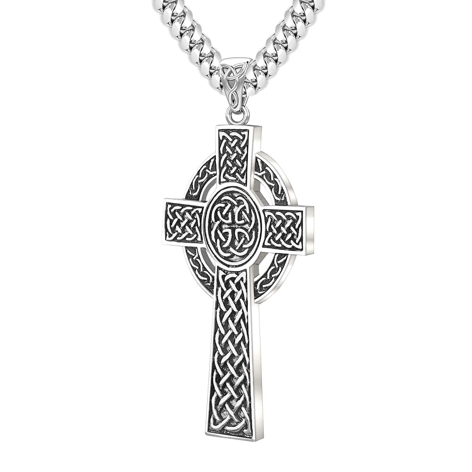 925 Sterling Silver Large Antique Finish Irish Celtic Cross Pendant Necklace