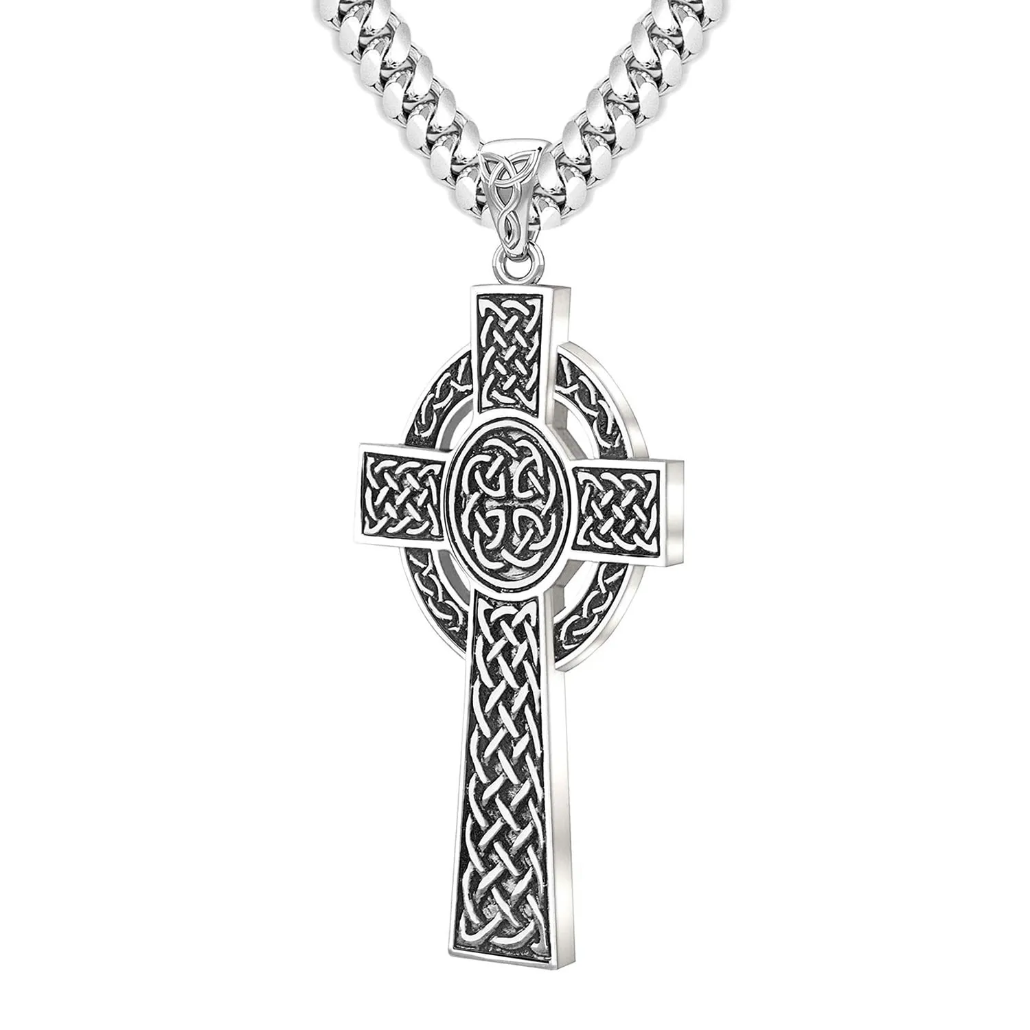 925 Sterling Silver Large Antique Finish Irish Celtic Cross Pendant Necklace