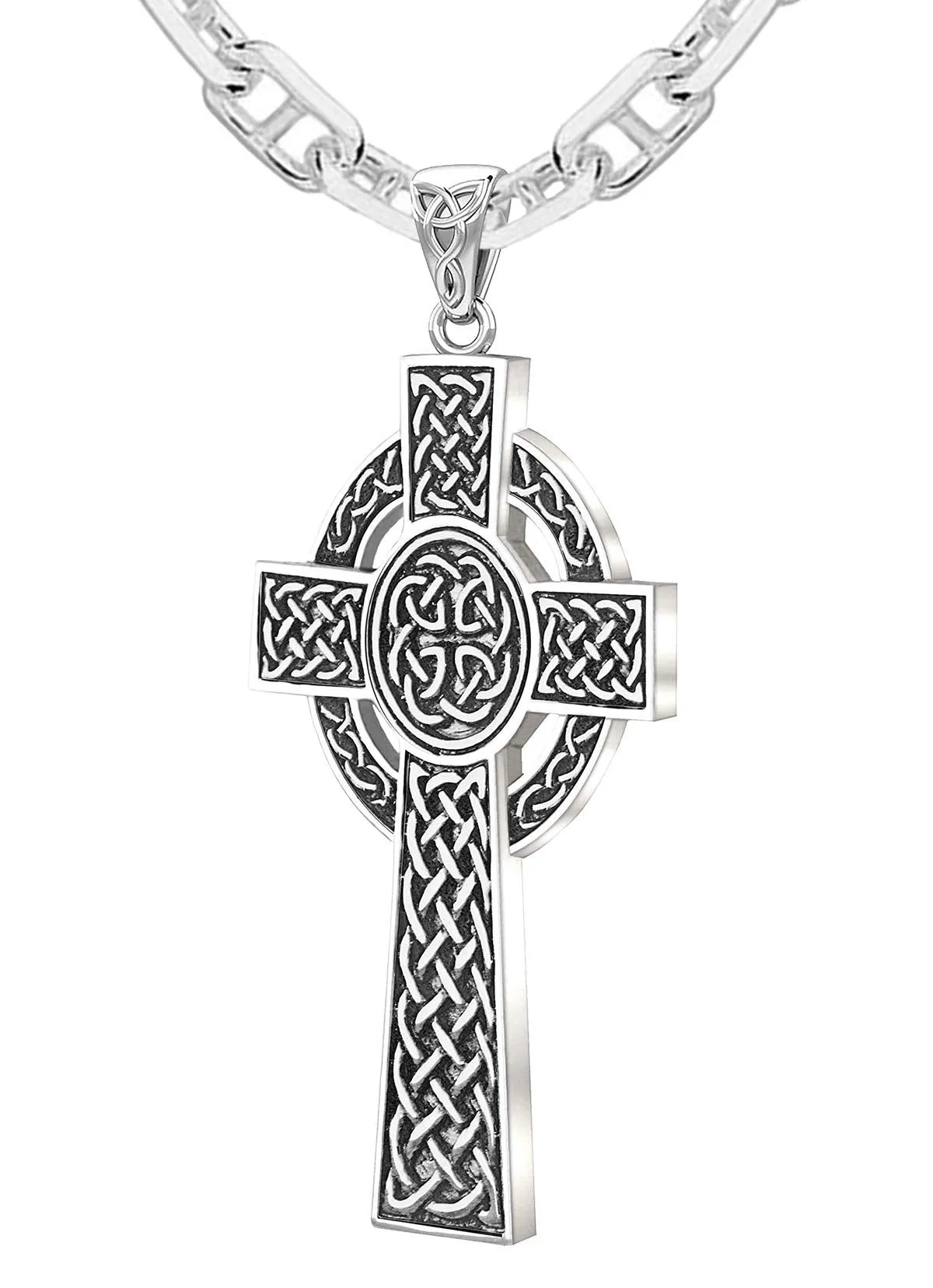 925 Sterling Silver Large Antique Finish Irish Celtic Cross Pendant Necklace