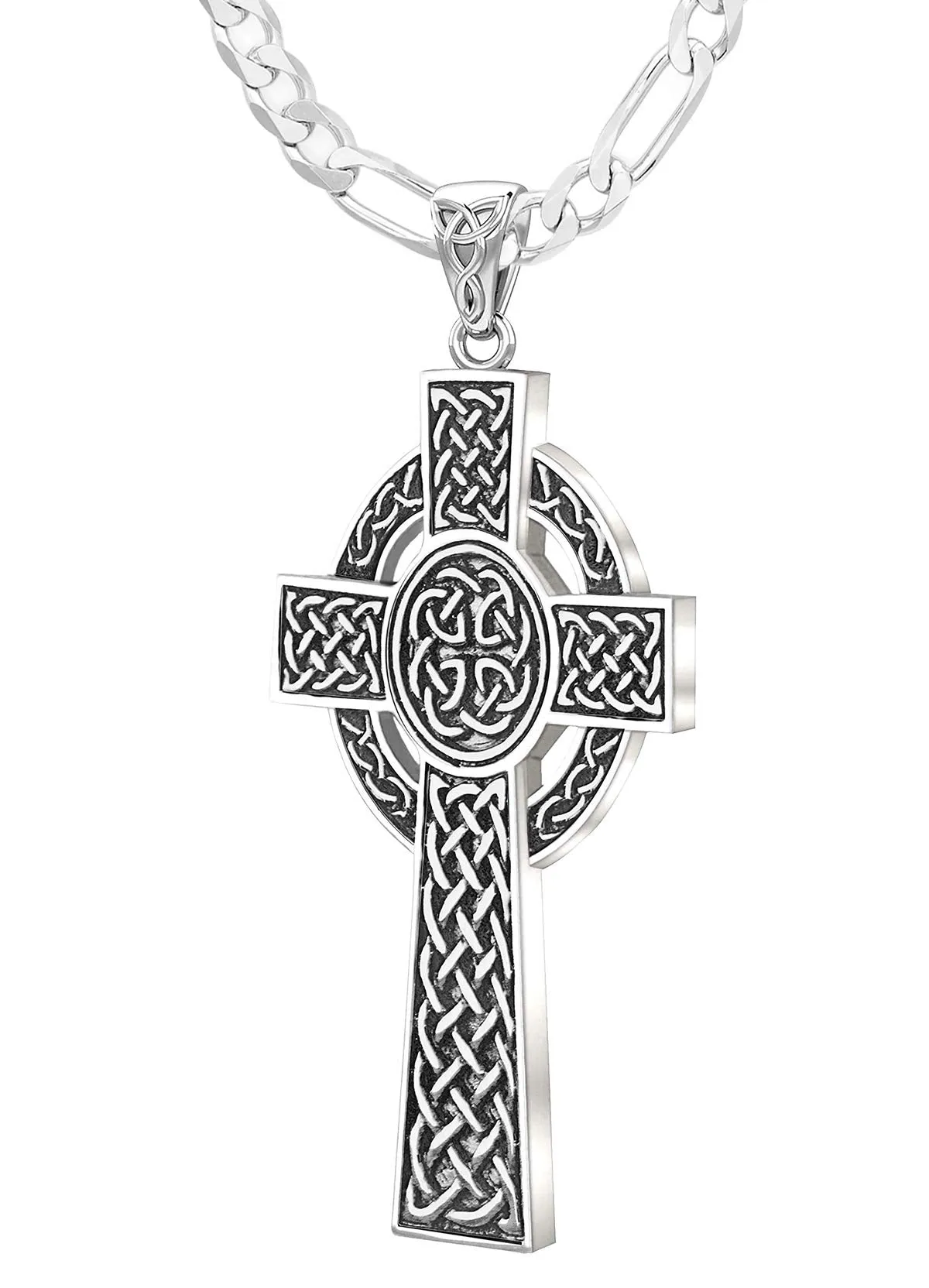 925 Sterling Silver Large Antique Finish Irish Celtic Cross Pendant Necklace