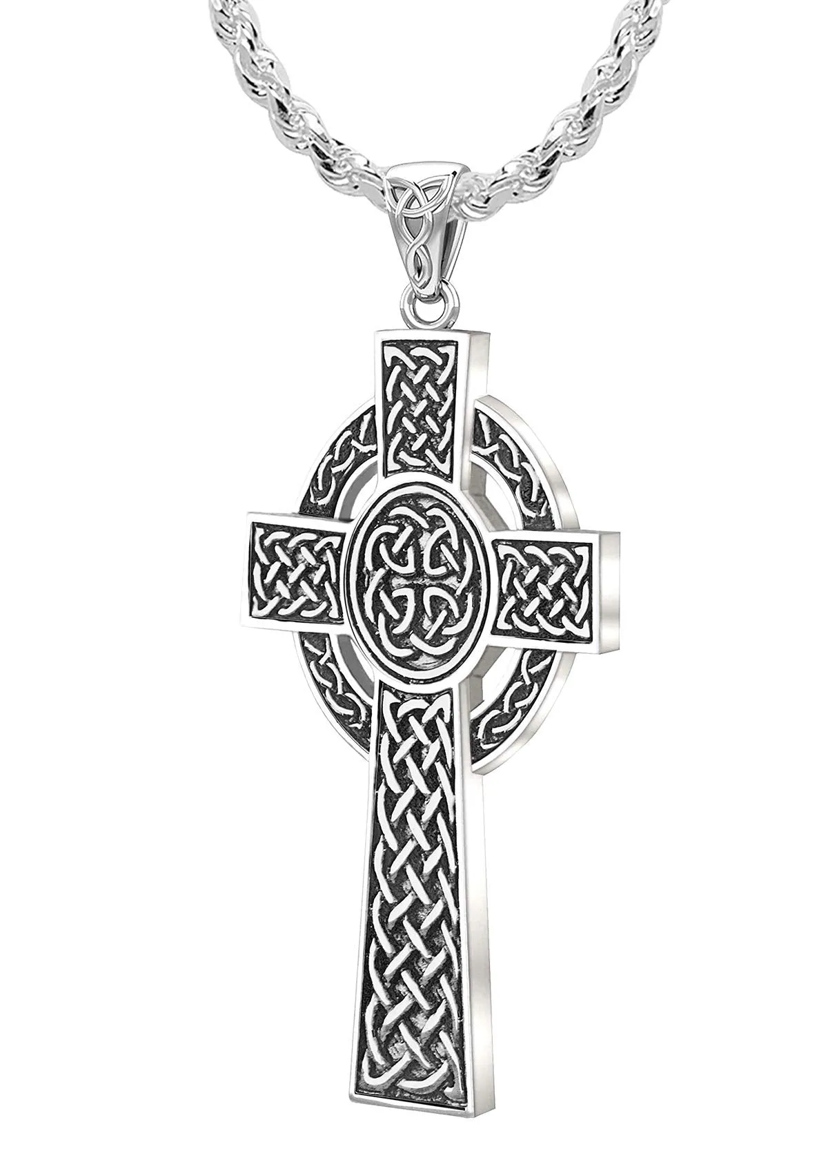 925 Sterling Silver Large Antique Finish Irish Celtic Cross Pendant Necklace