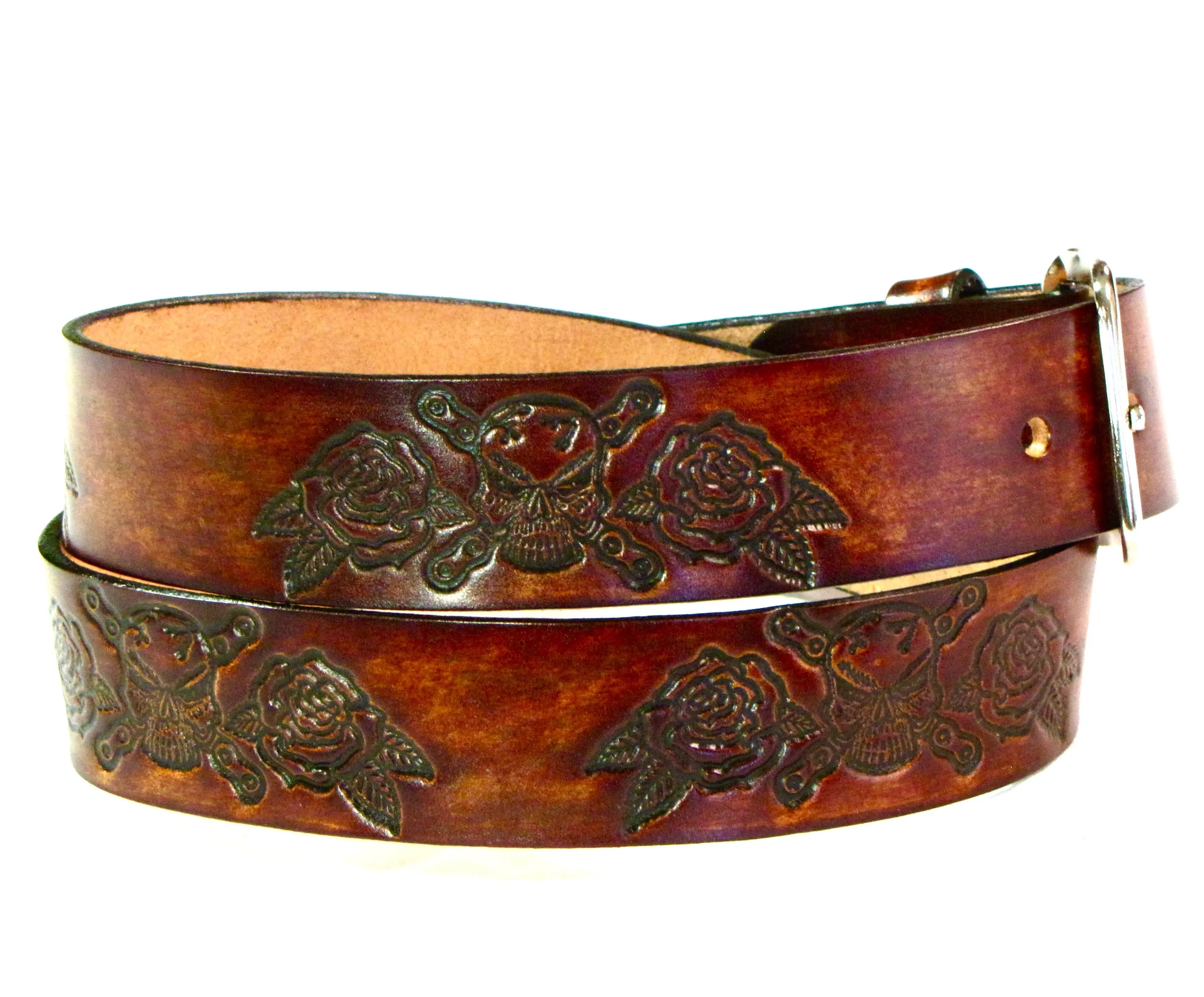 A251  1 1/2" Antique Finish Belt- Skull/Rose