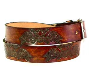 A251  1 1/2" Antique Finish Belt- Skull/Rose