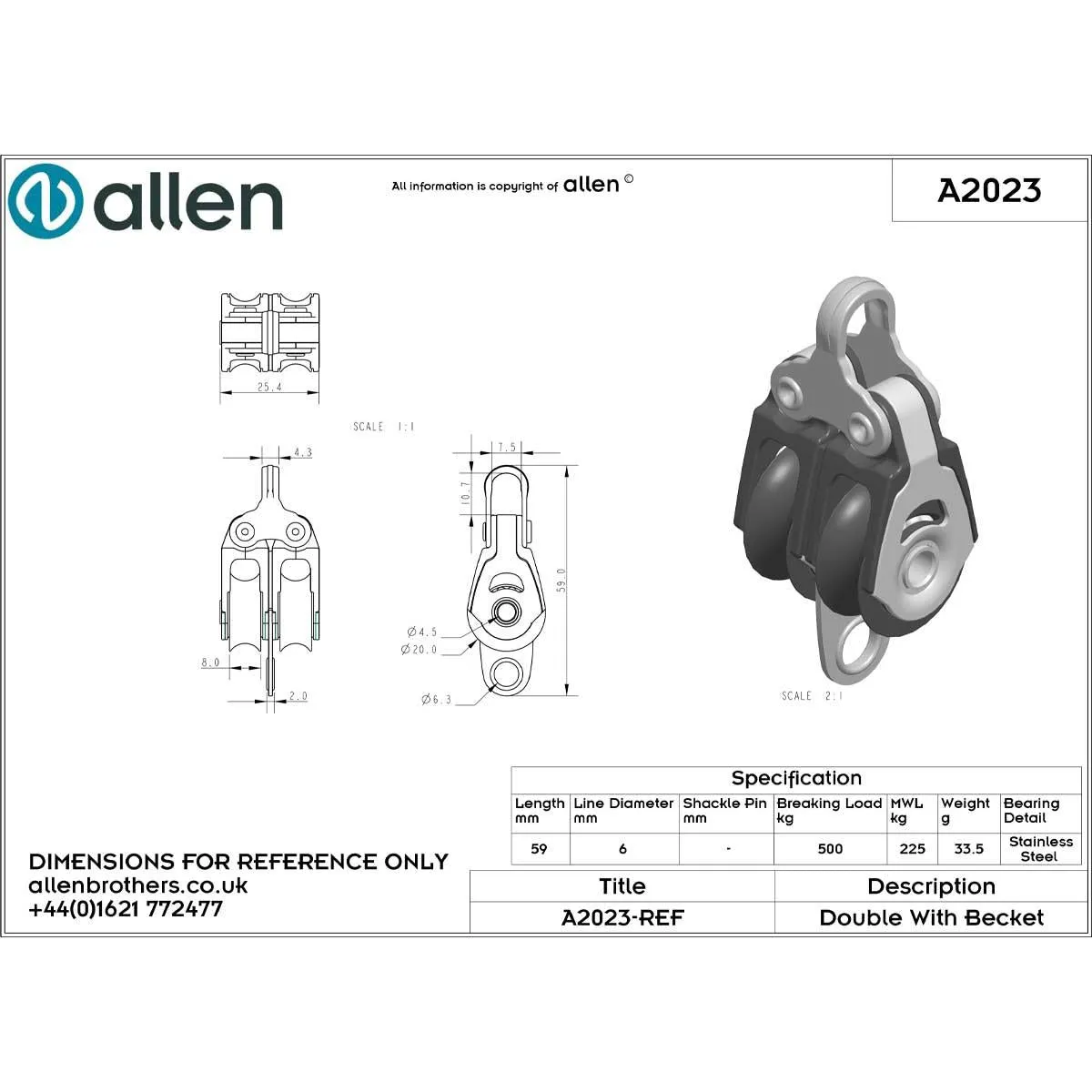 Allen 20mm Double Block with Becket