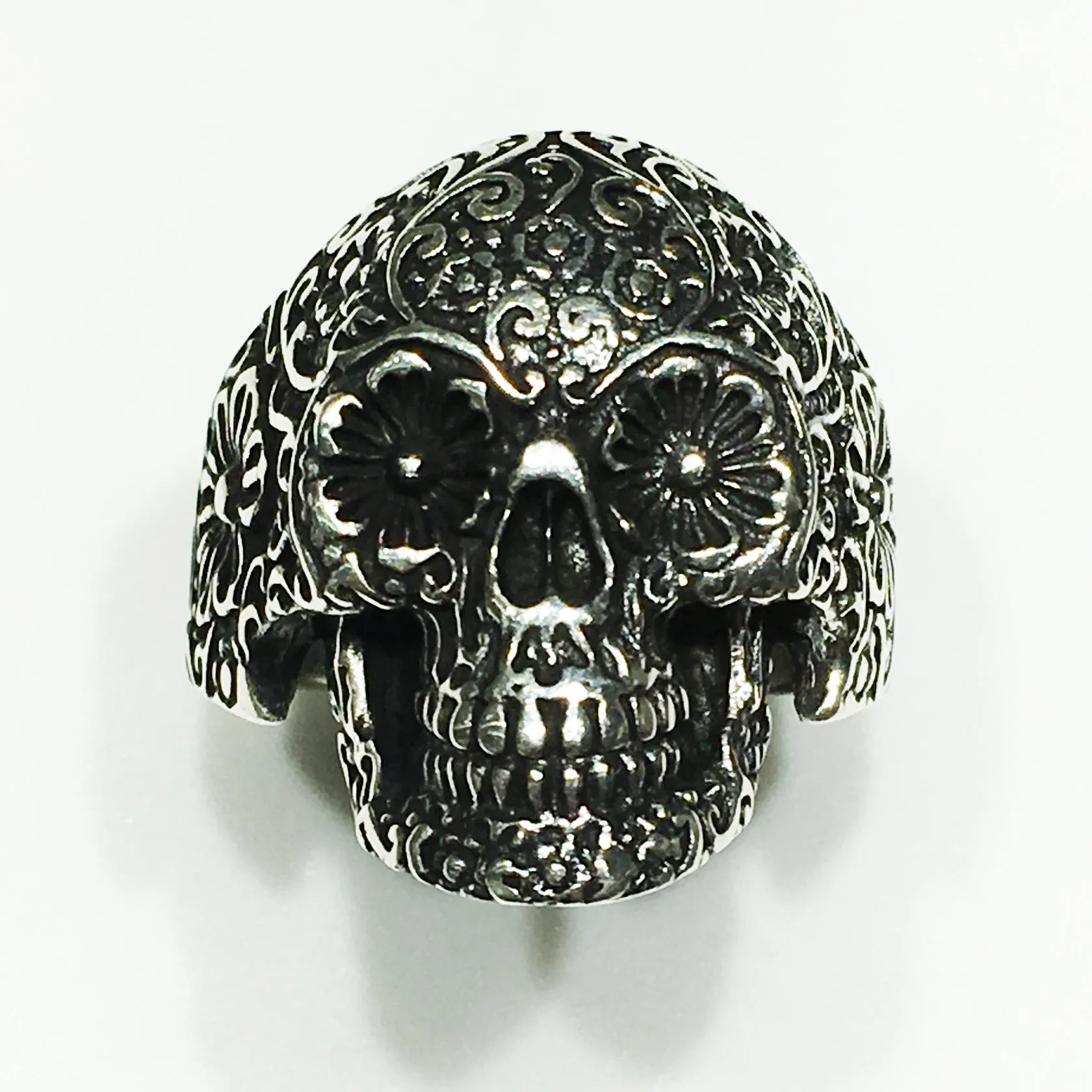 Antique-Finish Floral Skull Ring (Silver)
