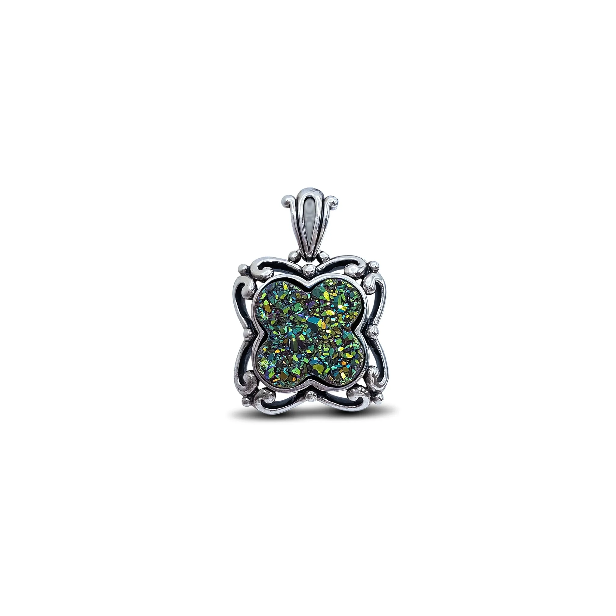 Antique-Finish Flower Glitter Stone Pendant (Silver)