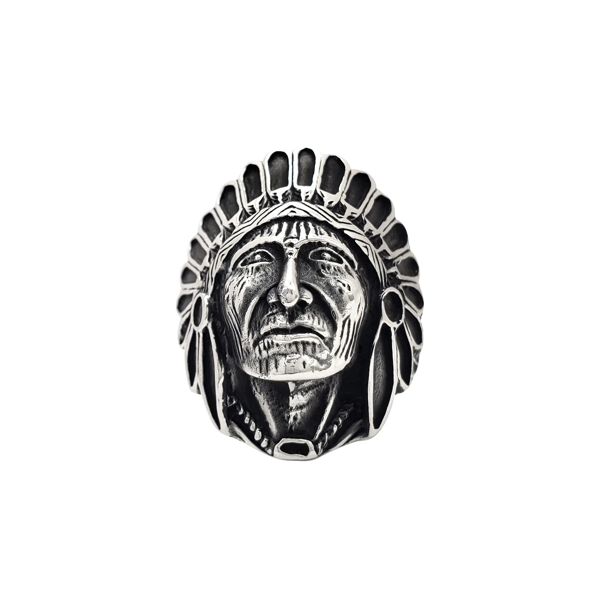 Antique-Finish Indian Head Chief Ring (Silver)