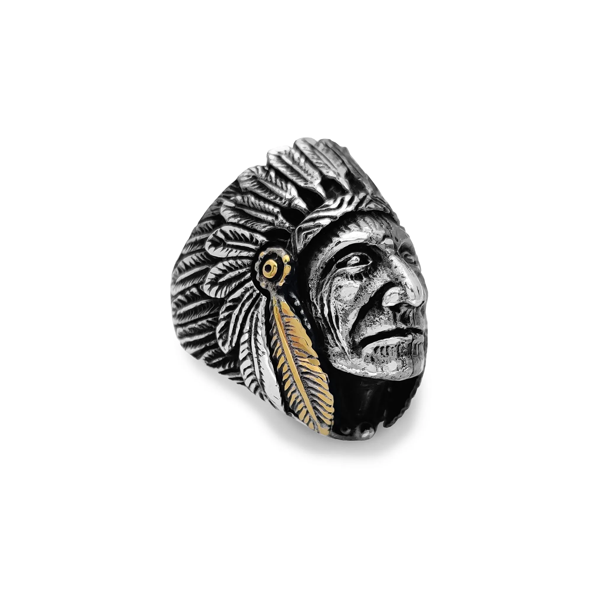 Antique-Finish Indian Head Chief Ring (Silver)