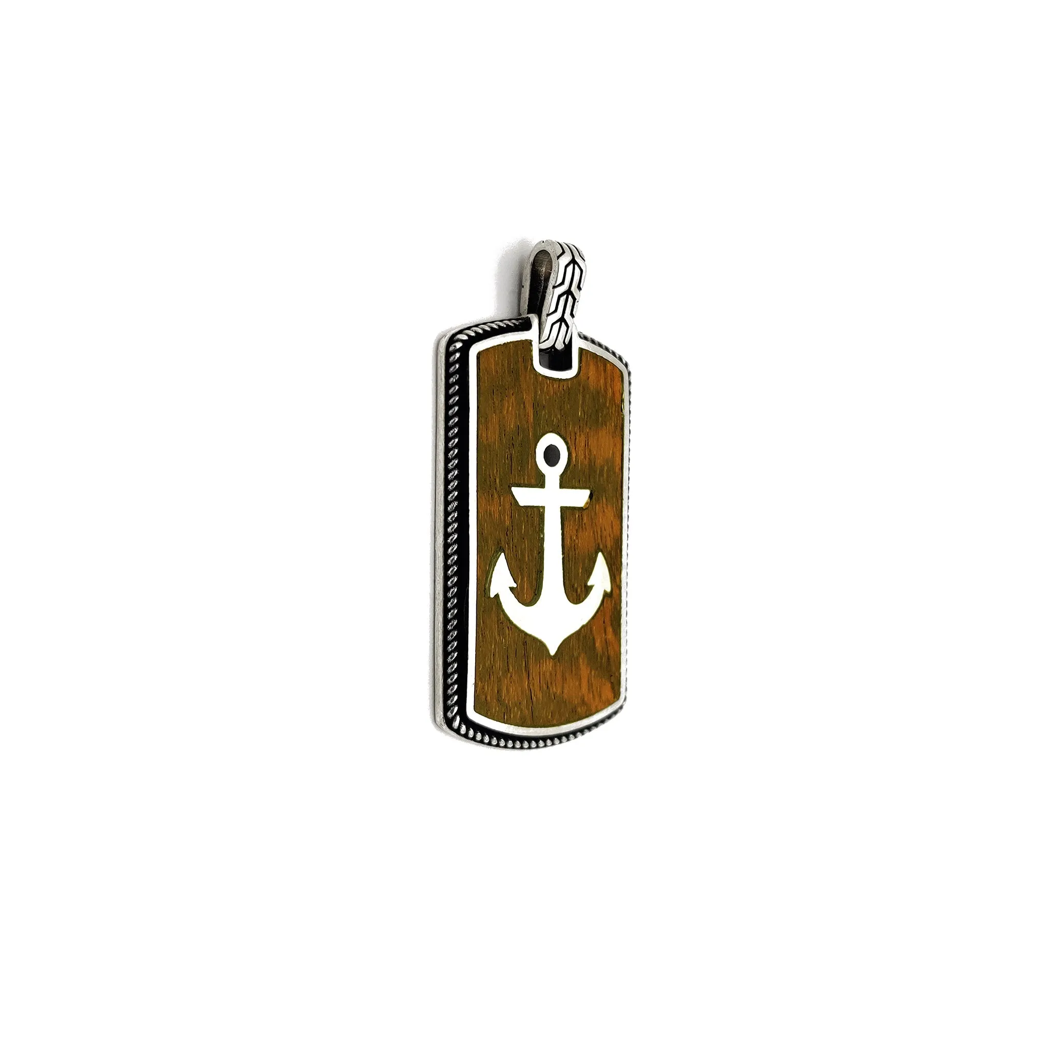 Antique-Finish Silver & Mahogany Anchor Dog Tag Pendant