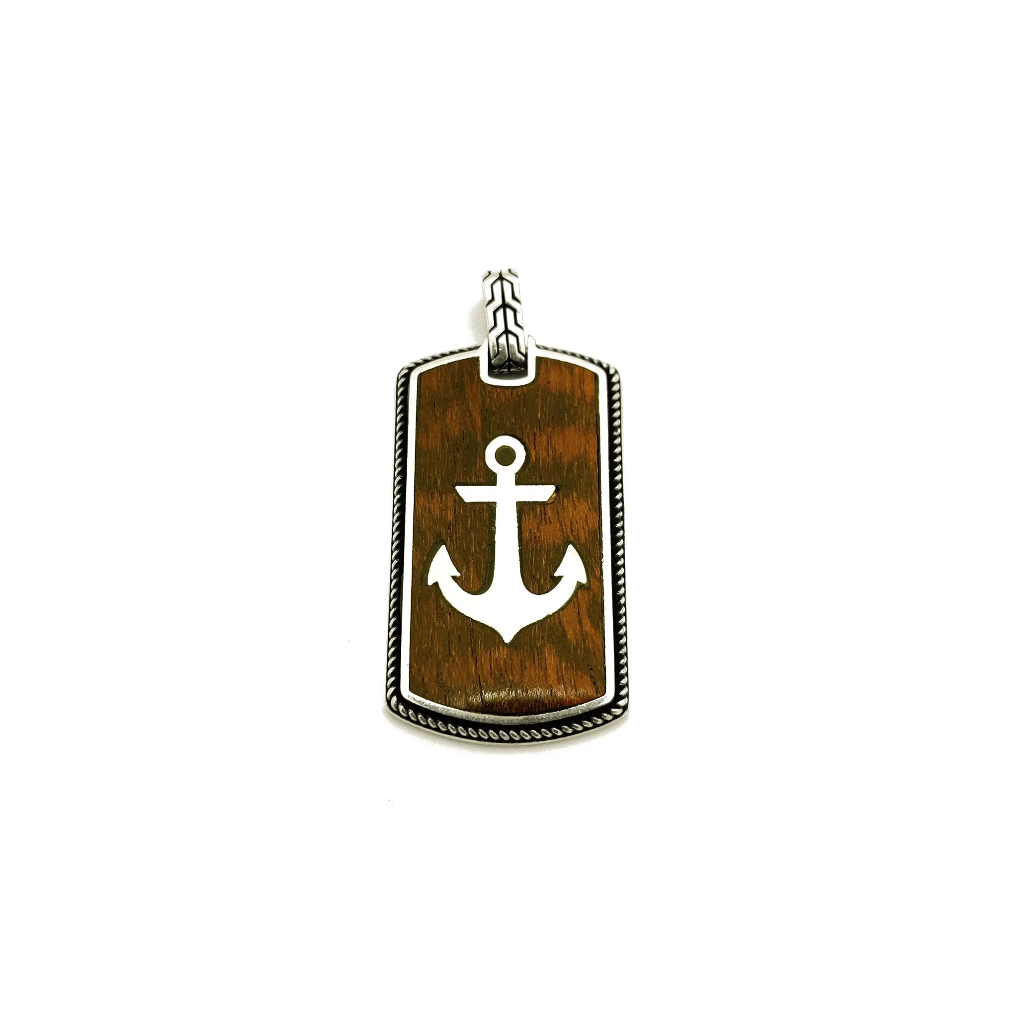 Antique-Finish Silver & Mahogany Anchor Dog Tag Pendant