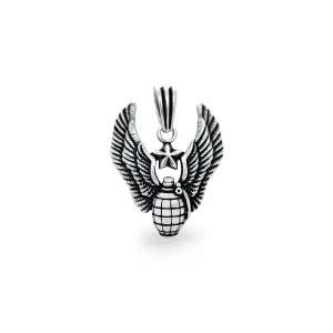 Antique Finish Star Winged Grenade Pendant (Silver)
