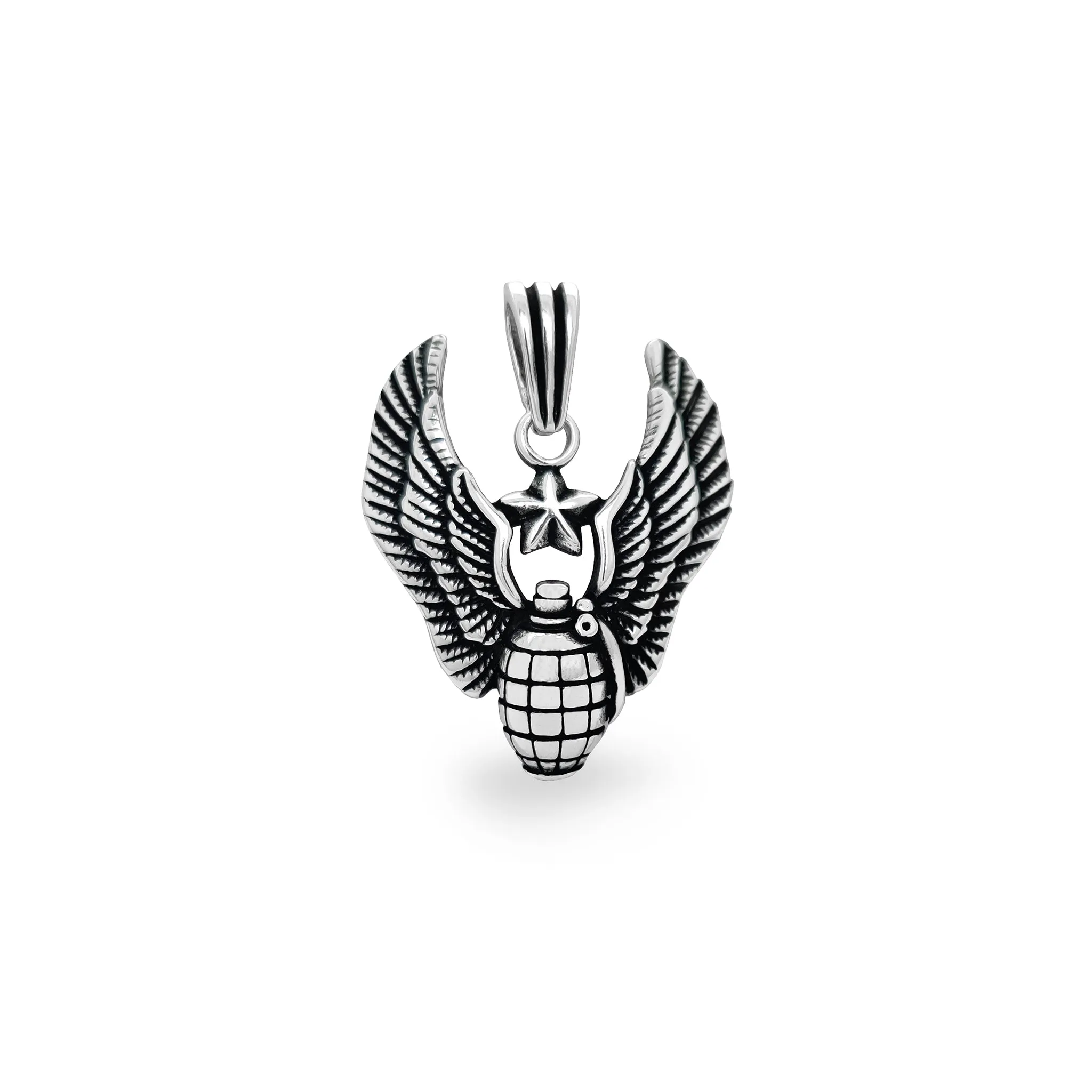 Antique Finish Star Winged Grenade Pendant (Silver)