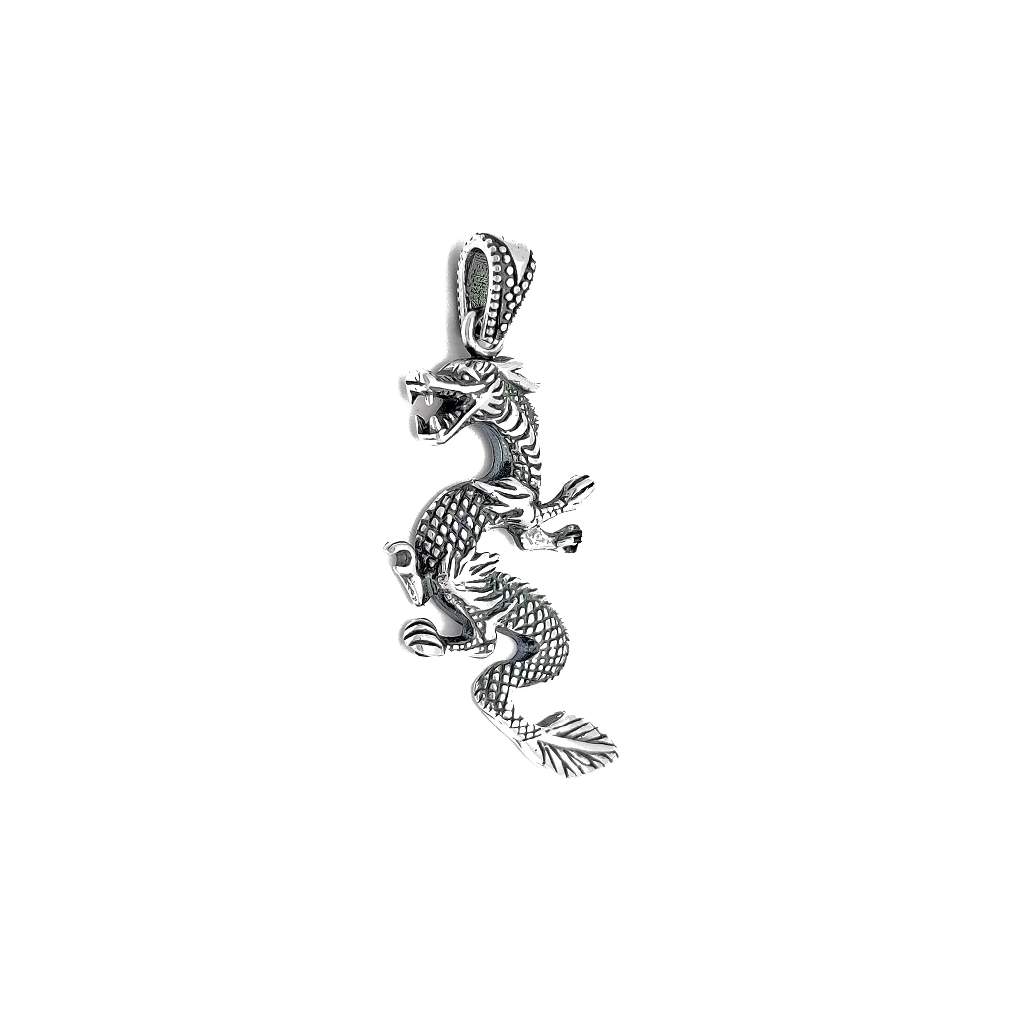 Antique-Finish Textured Eastern Dragon Pendant (Silver)