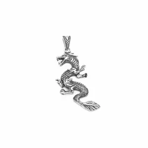 Antique-Finish Textured Eastern Dragon Pendant (Silver)