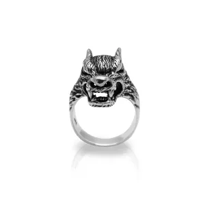 Antique-Finish Wolf Head Ring (Silver)