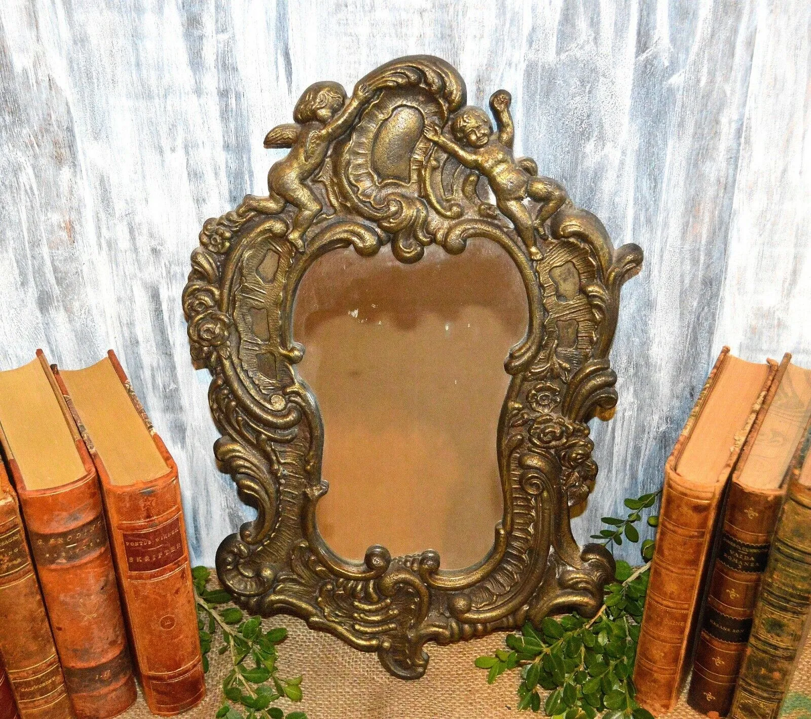 Antique French Brass Mirror Art Nouveau Cherubs Floral Wall Mount