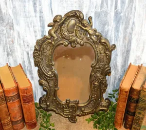 Antique French Brass Mirror Art Nouveau Cherubs Floral Wall Mount