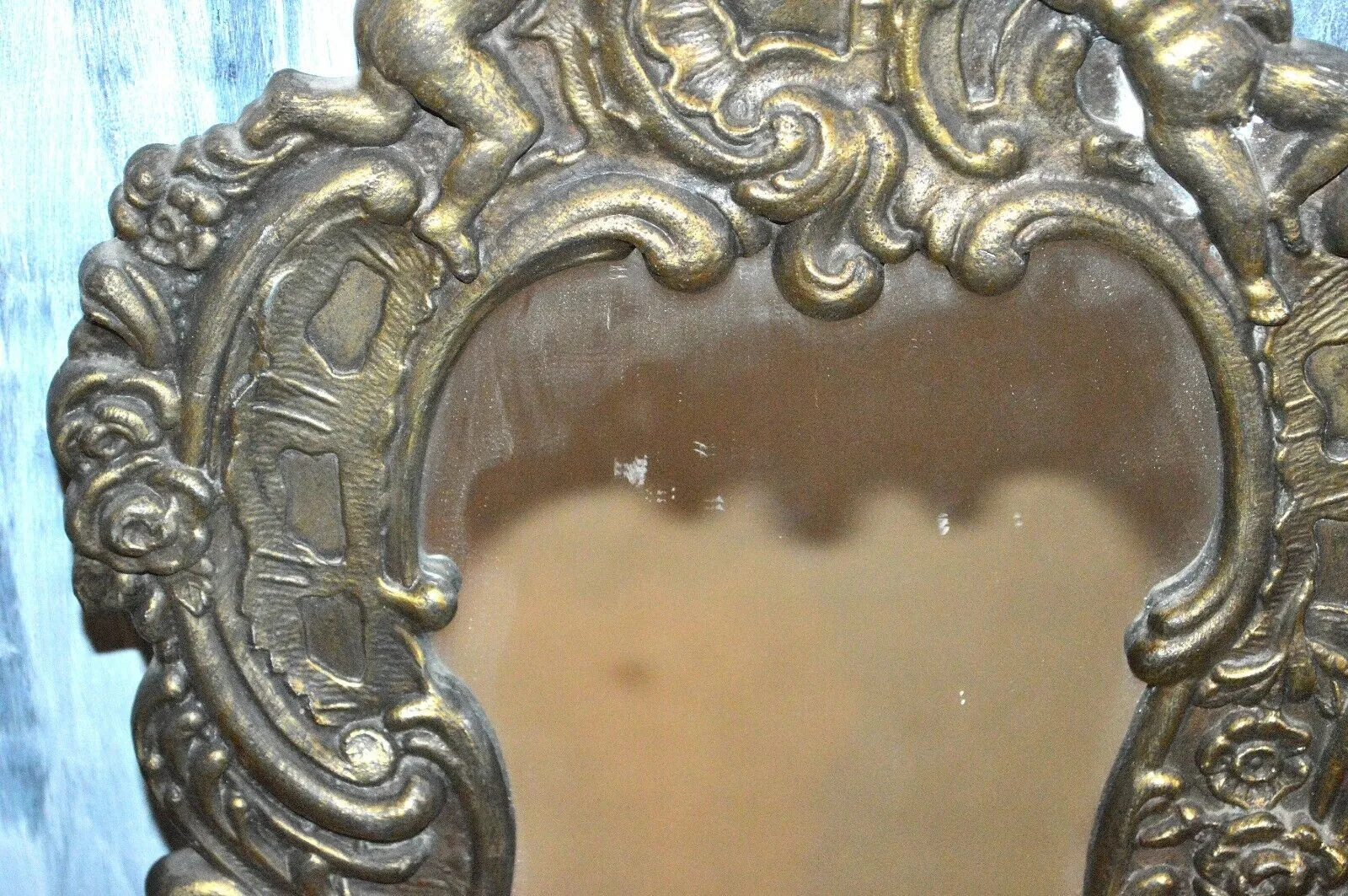 Antique French Brass Mirror Art Nouveau Cherubs Floral Wall Mount