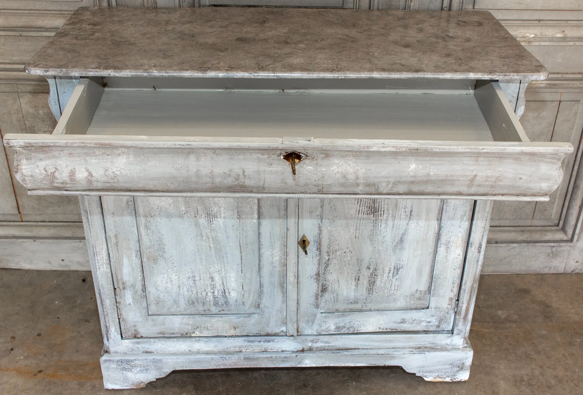 Antique French Pine Buffet in Hand-Painted Distressed Greige Finish