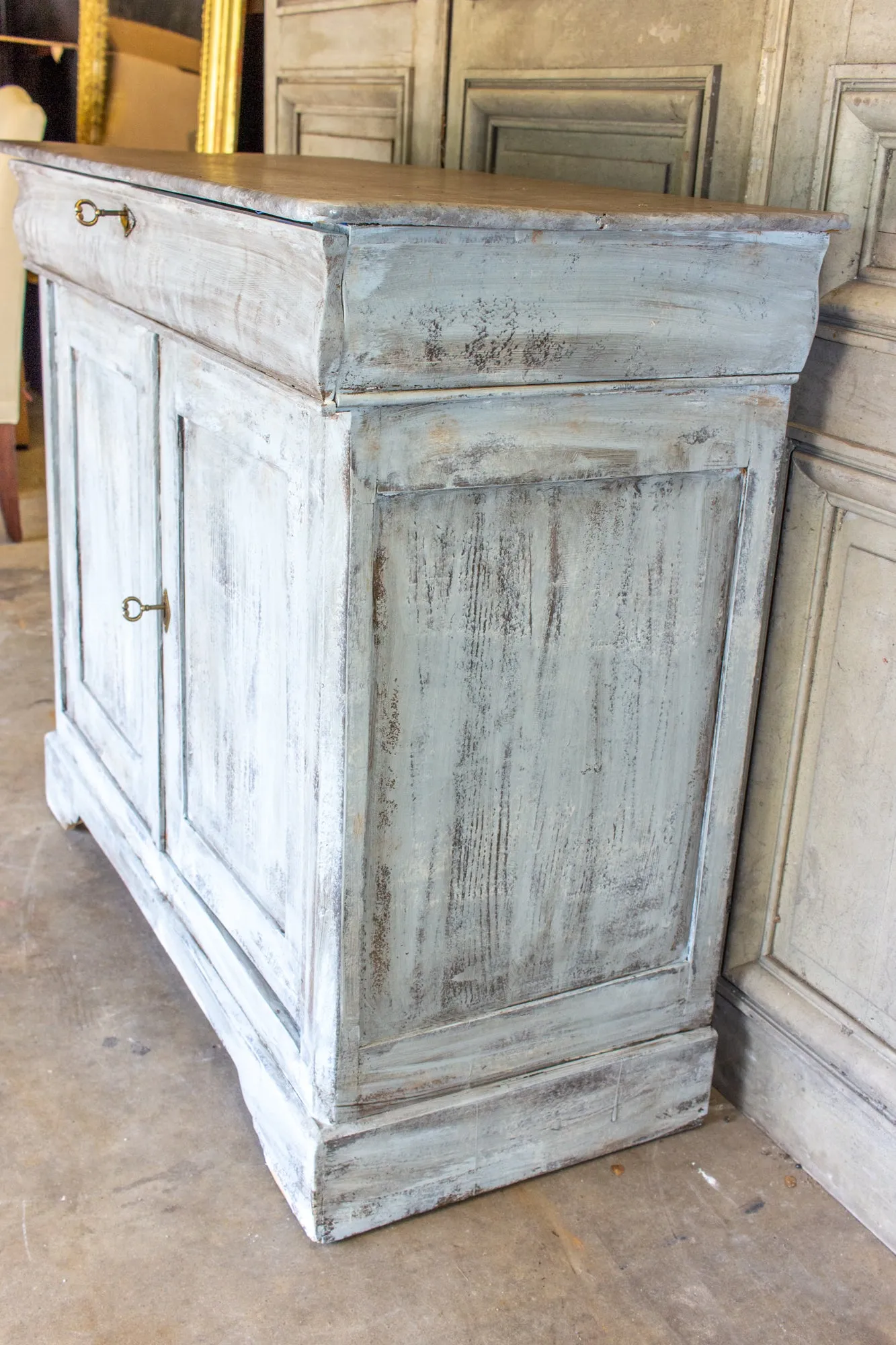 Antique French Pine Buffet in Hand-Painted Distressed Greige Finish