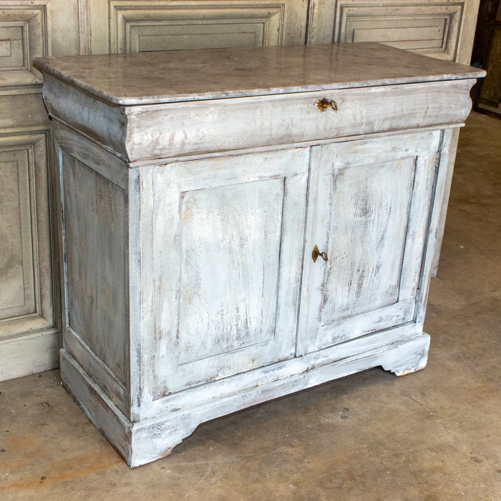 Antique French Pine Buffet in Hand-Painted Distressed Greige Finish