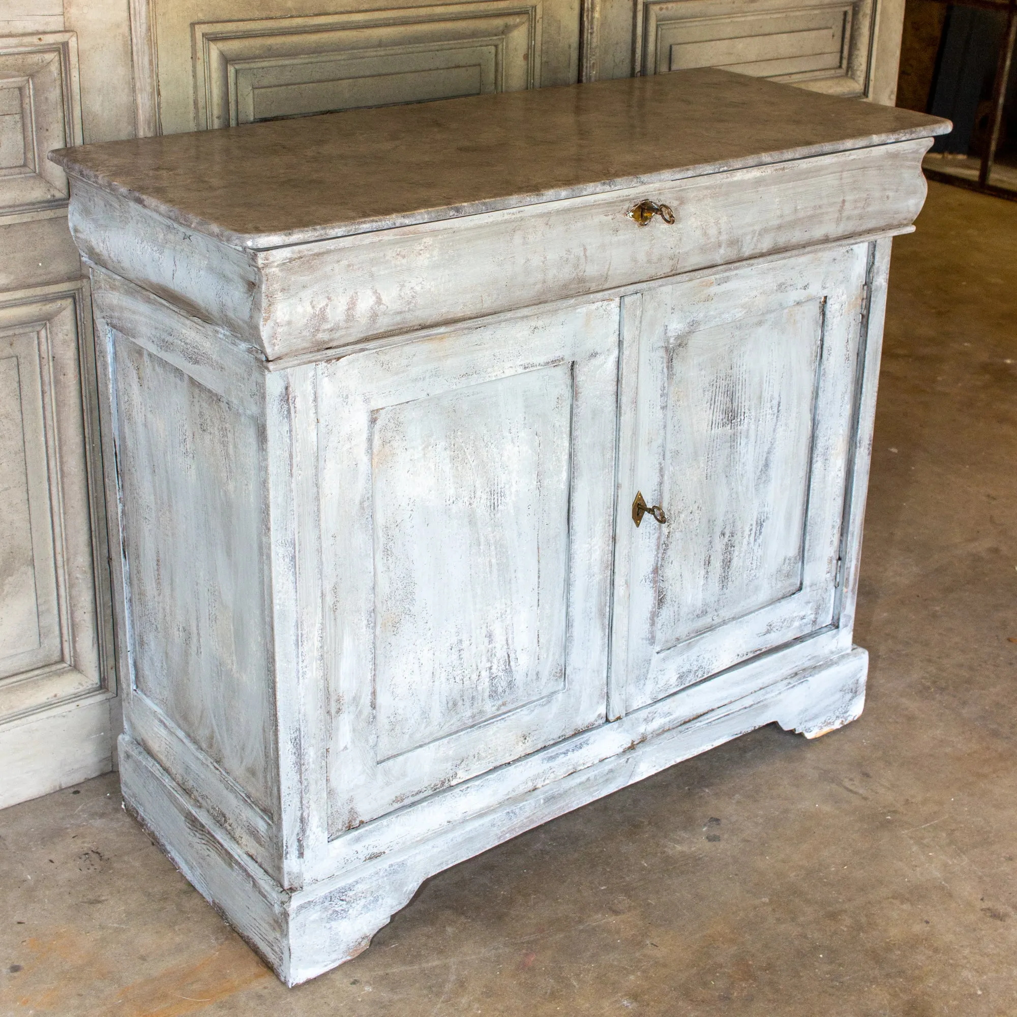 Antique French Pine Buffet in Hand-Painted Distressed Greige Finish