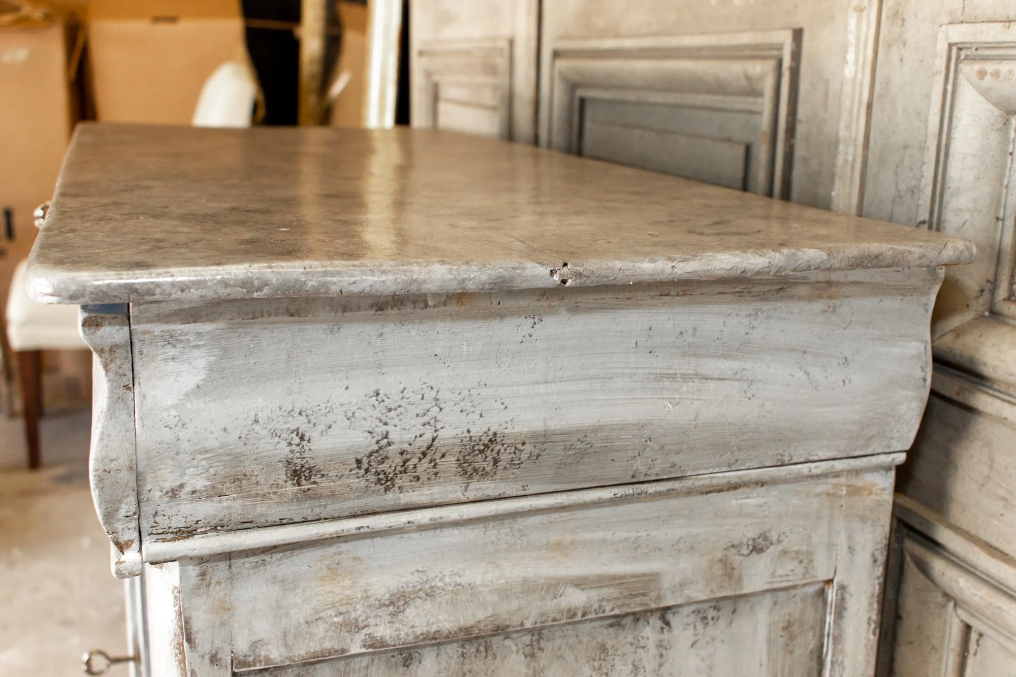 Antique French Pine Buffet in Hand-Painted Distressed Greige Finish