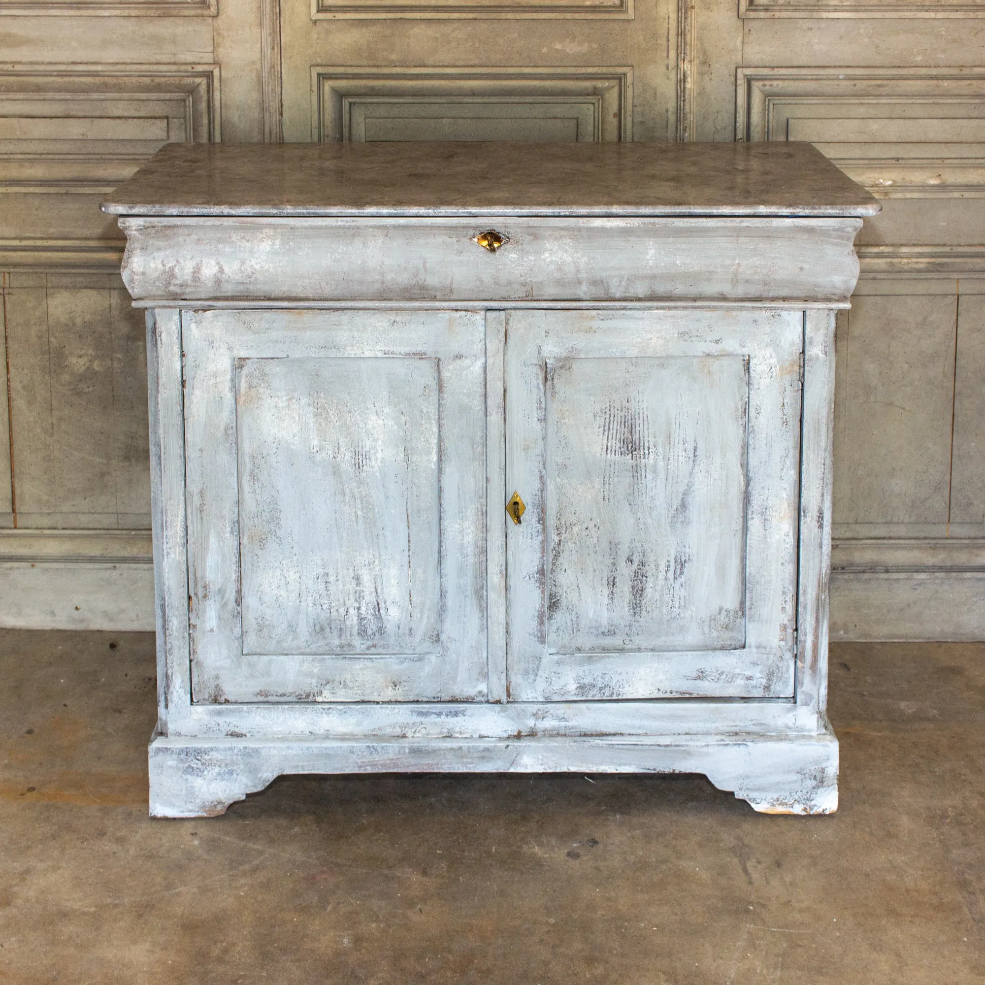 Antique French Pine Buffet in Hand-Painted Distressed Greige Finish