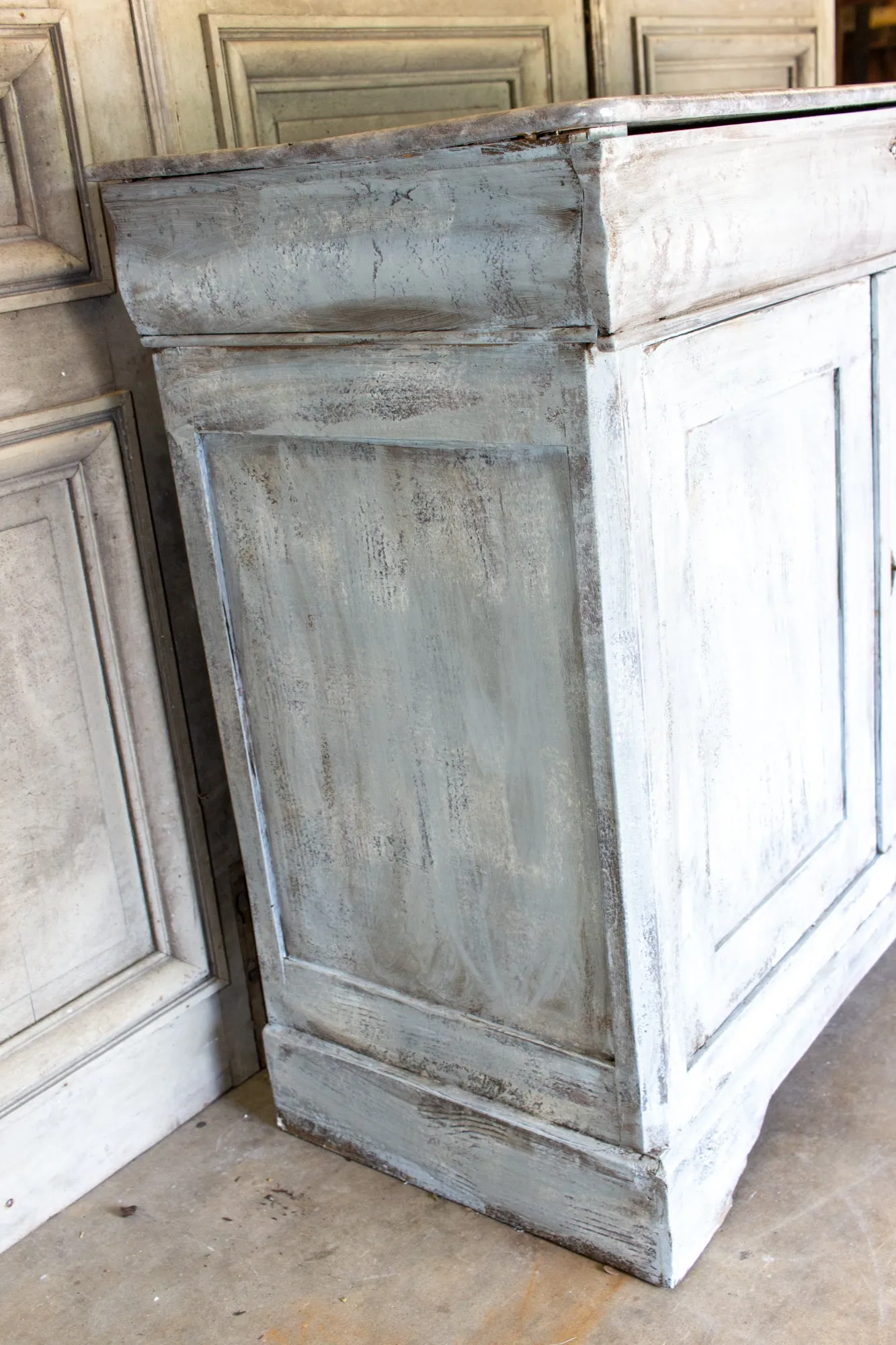 Antique French Pine Buffet in Hand-Painted Distressed Greige Finish