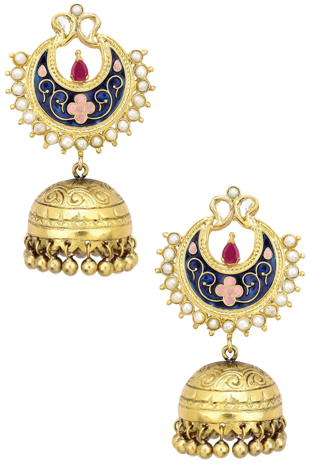 Antique Gold Finish Blue Crescent Earrings