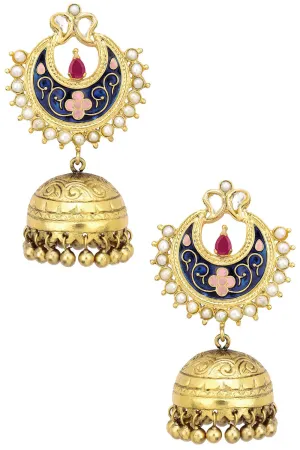Antique Gold Finish Blue Crescent Earrings