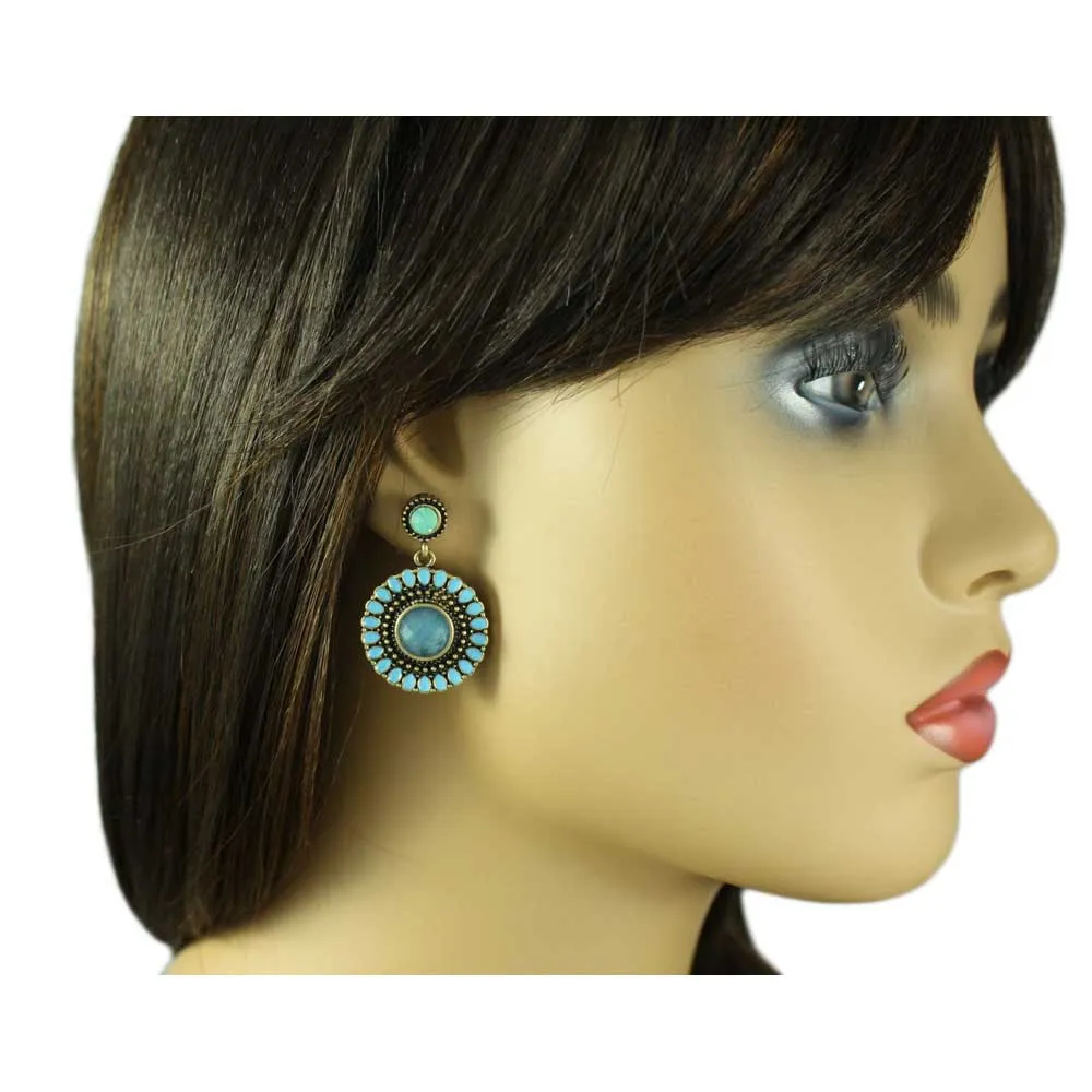 Antique Gold Round Blue Dangling Disc Pierced Earring - FE501BL