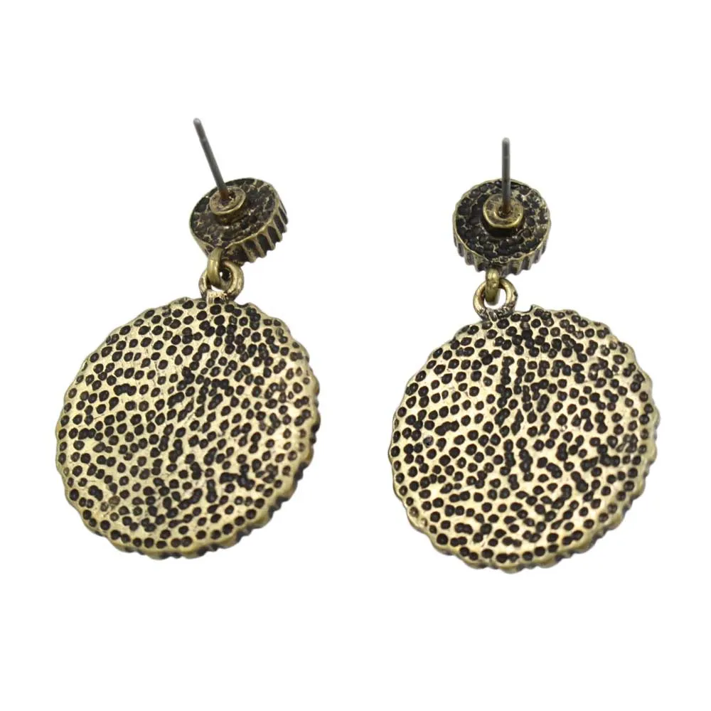 Antique Gold Round Blue Dangling Disc Pierced Earring - FE501BL