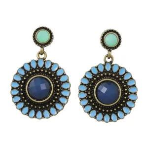 Antique Gold Round Blue Dangling Disc Pierced Earring - FE501BL