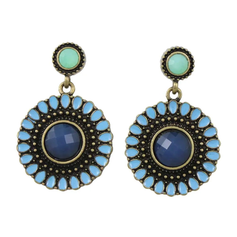 Antique Gold Round Blue Dangling Disc Pierced Earring - FE501BL