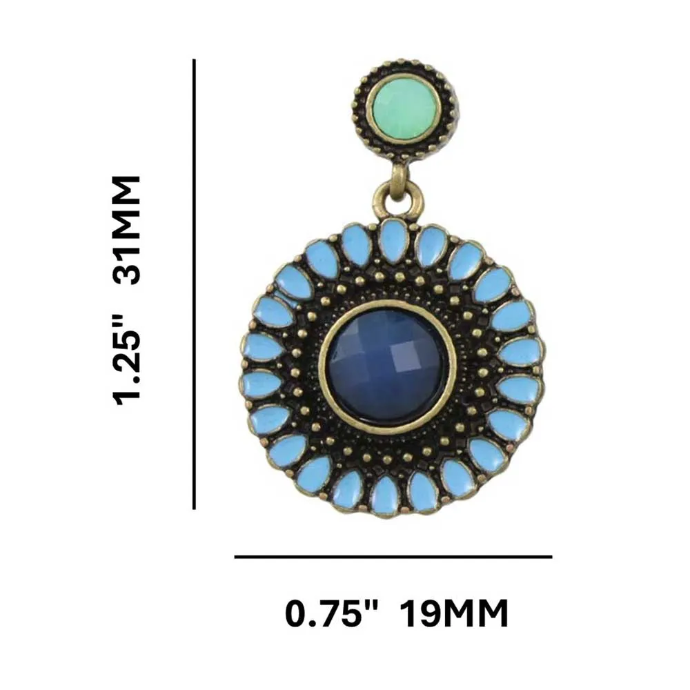 Antique Gold Round Blue Dangling Disc Pierced Earring - FE501BL