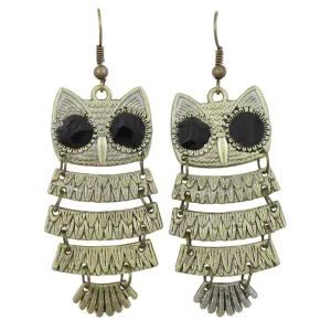 Antique Gold Shimmying Owl Dangle Pierced Earring - FE512