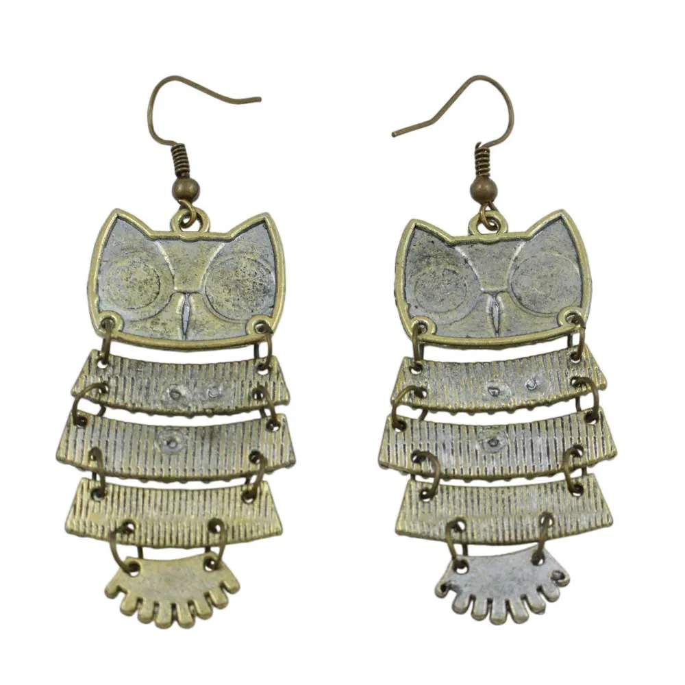 Antique Gold Shimmying Owl Dangle Pierced Earring - FE512