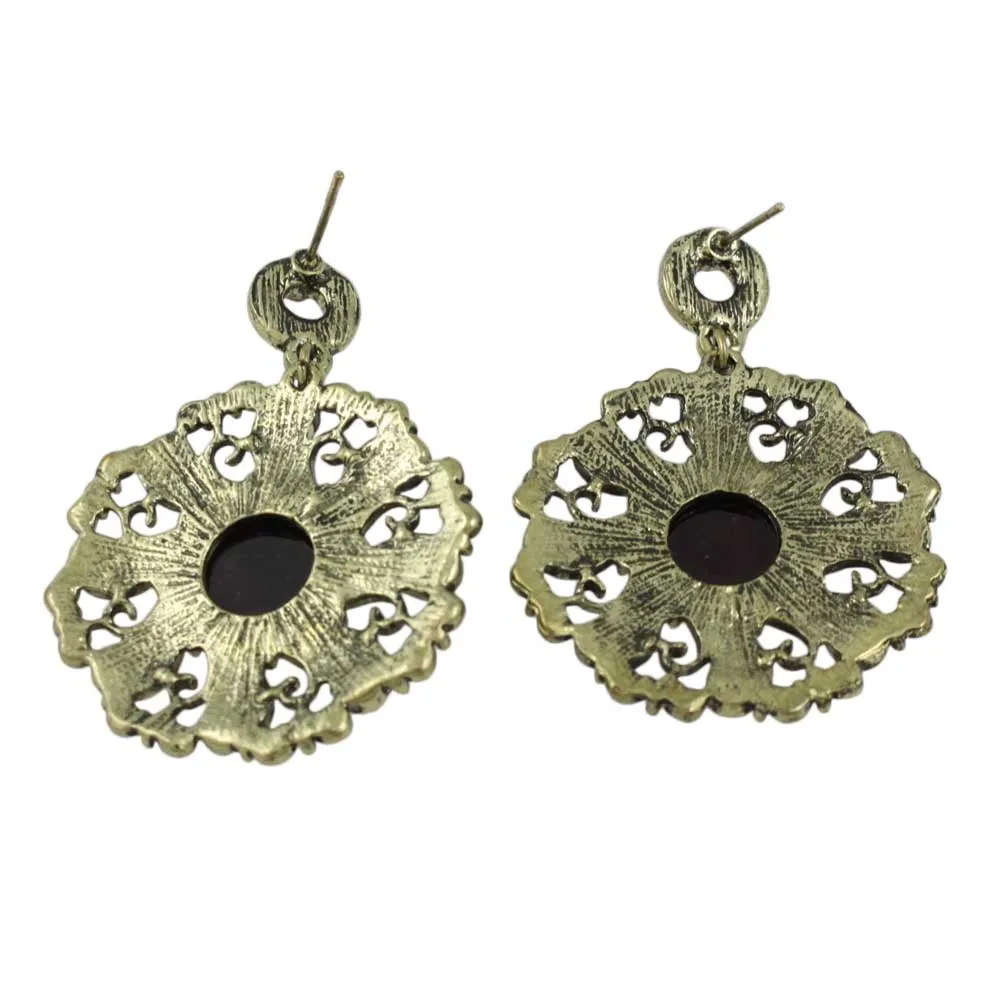 Antique Gold-tone Red Filigree Discs Pierced Earring - REC560