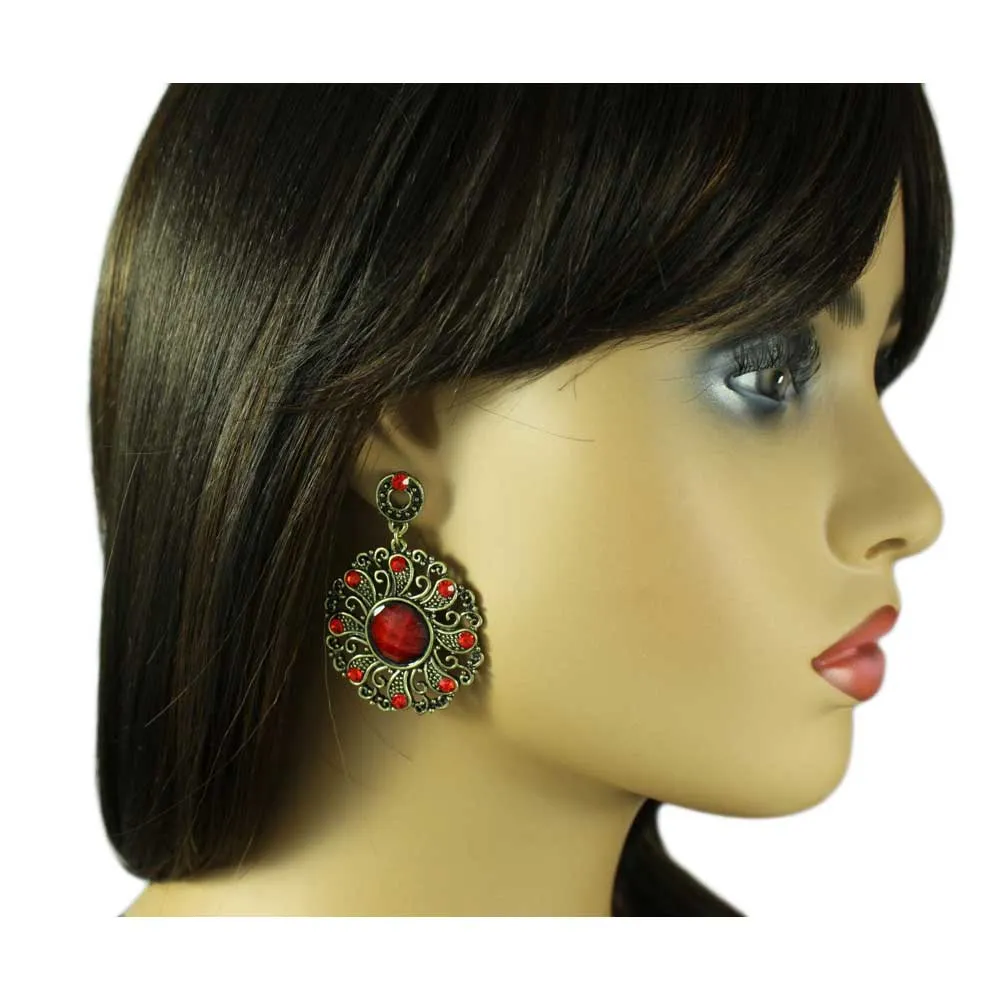 Antique Gold-tone Red Filigree Discs Pierced Earring - REC560