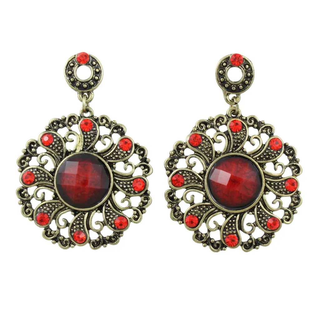 Antique Gold-tone Red Filigree Discs Pierced Earring - REC560