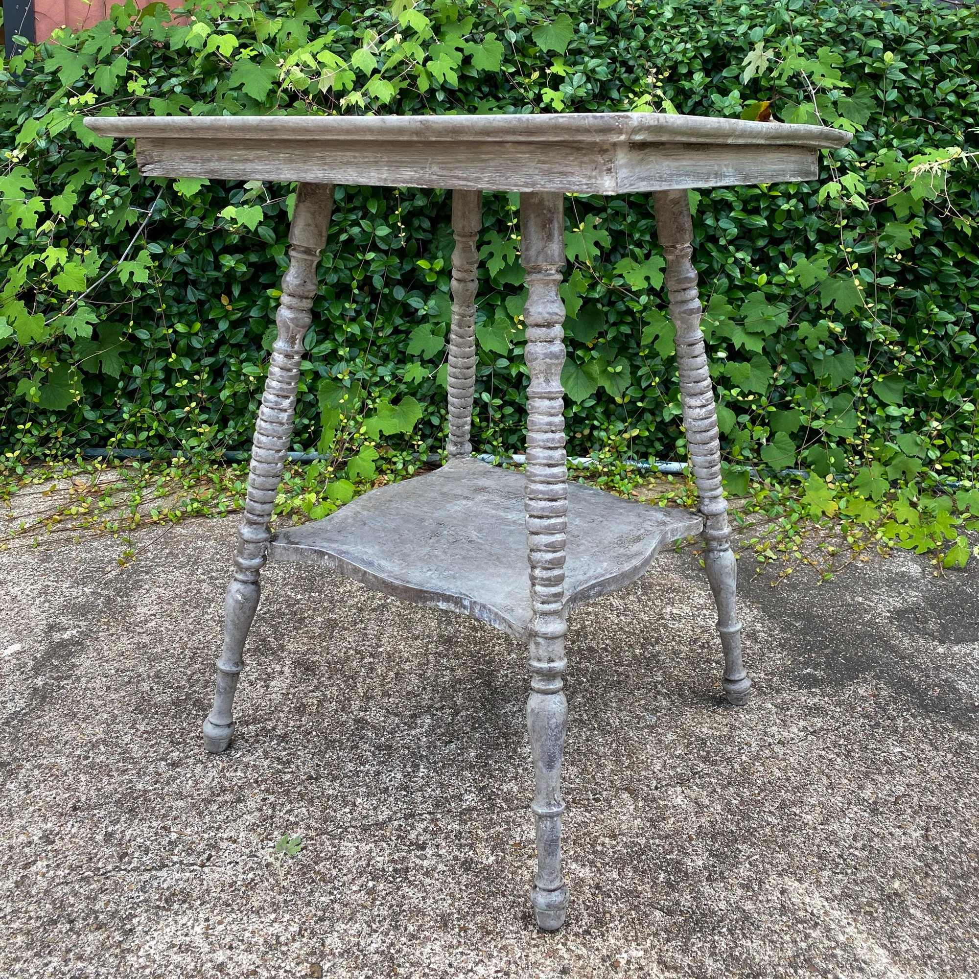 Antique Oak Side Table with Turned Legs in Hand Painted Greige Finish