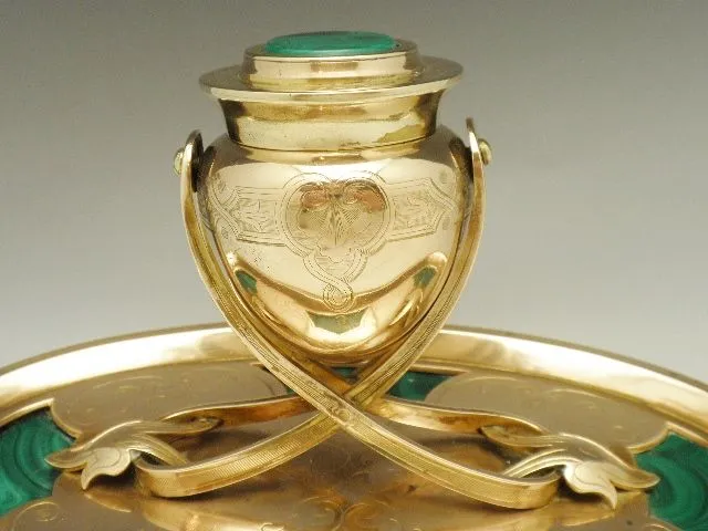 Antique Russian Malachite Inkwell Ormolu