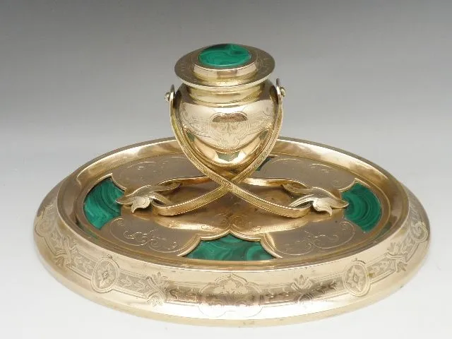 Antique Russian Malachite Inkwell Ormolu